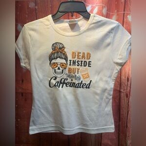 White Graphic Tee with Skull and Coffee Design Upcycled